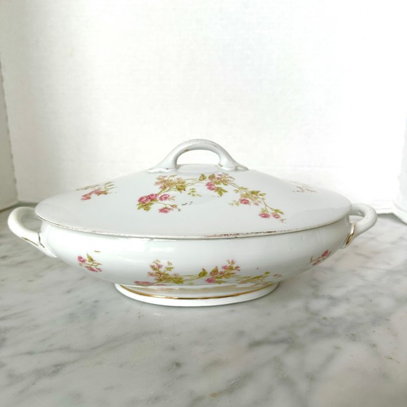 Antique Victoria Austria Serving Bowl 10" Oval Covered Fine China Floral - Picture 5 of 12